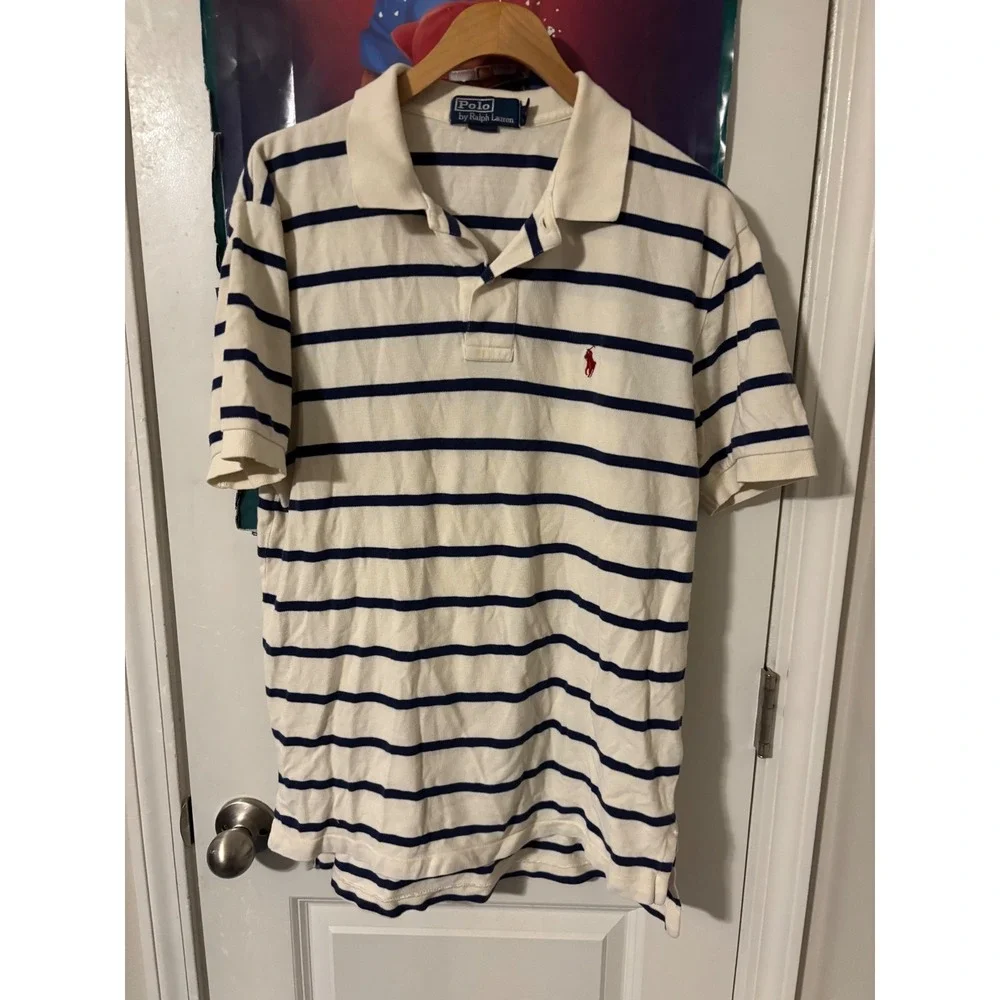 Polo Ralph Lauren Mens Medium Striped Polo Shirt Cream Navy Blue Red Pony Logo
